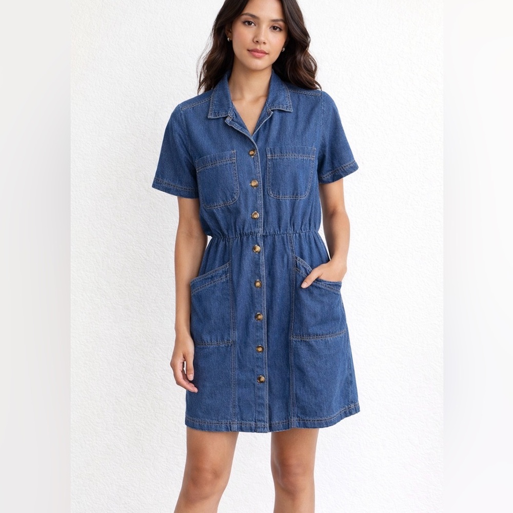 Vintage Coldwater Creek Chambray Dress Sm Petite Elastic waist Utility Chore USA